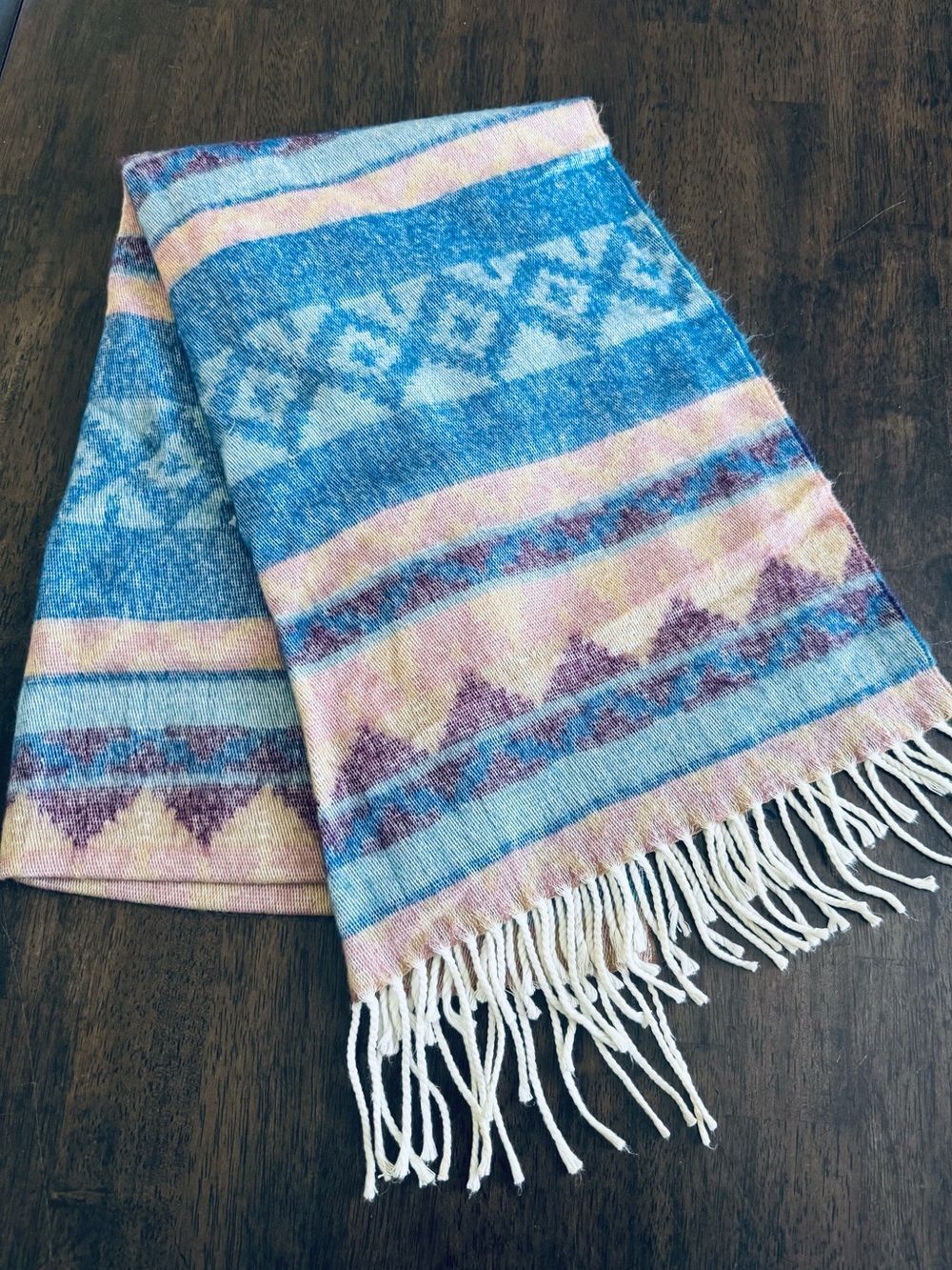 Soft Winter Pink Blue Boho Fringed Scarf Wrap